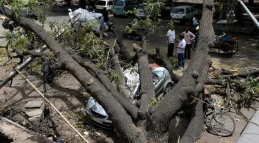 Sejumlah warga melihat mobil yang tertimpa pohon yang tumbang akibat  badai angin kencang di New Delhi, India (16/5). (AFP Photo/Sajjad Hussain)