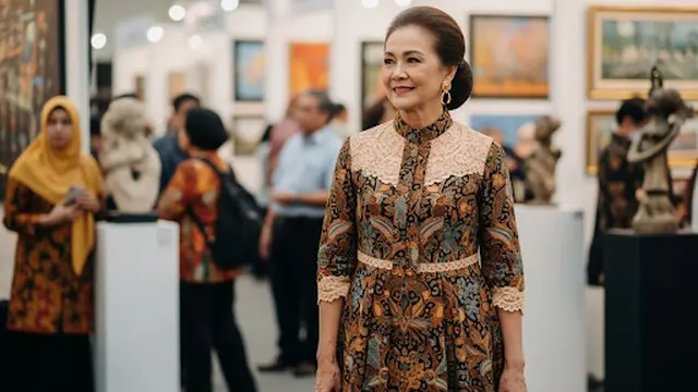 Dress Maxi Brokat dengan Motif Batik di Lengan