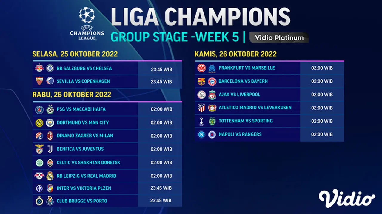 Jadwal Lengkap Liga Champions Pekan 5 Live Vidio 25-27 Oktober : Ada Big Match Barcelona Vs Bayern Munchen