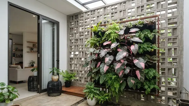 Ide Halaman Rumah dengan Roster Beton dan Philodendron