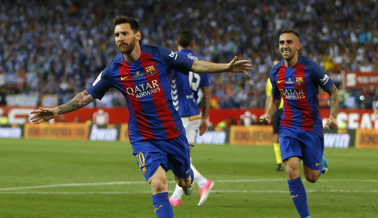 Lionel Messi merayakan gol saat melawan Alaves pada final Copa del Rey di Vicente Calderon stadium, Madrid, Spanyol (27/5/2017).  (AP/Daniel Ochoa de Olza)