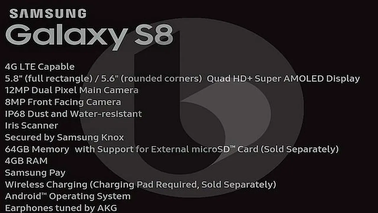 Berdasarkan bocoran itu, Galaxy S8 dilengkapi layar Super AMOLED berukuran 5,8 inci dengan resolusi Quad HD dan dua kamera belakang.