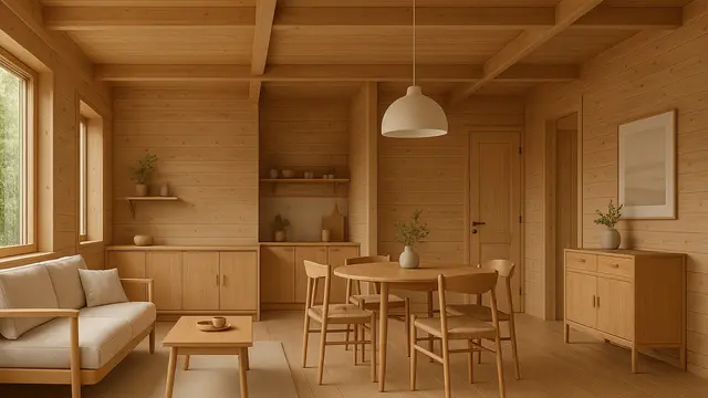 Model Rumah Kampung dengan Interior Kayu/Ilustrasi gambar oleh AI