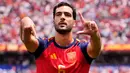 Pemain Spanyol Mikel Merino merayakan gol kedua timnya selama pertandingan perempat final Piala Dunia antara Spanyol dan Belgia di Inglewood, California, dekat Los Angeles, Jumat, 10 Juli 2026. (AP Photo/Mark J. Terrill)
