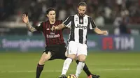 Striker Juventus Gonzalo Higuain (kanan) mendapat pengawalan dari bek AC Milan Alessio Romagnoli pada laga Piala Super Italia di Jassim bin Hamad Stadium, Doha, Jumat (23/12/2016). (AFP/Karim Jaafar)