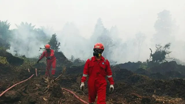 Petugas memadamkan kebakaran gambut agar tak meluas ke lahan lainnya.