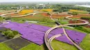 Foto yang diabadikan dari udara pada 13 Mei 2020 ini memperlihatkan ladang bunga di Taman Hutan Gunung San Tai di Kota Suqian, Provinsi Jiangsu, China timur. (Xinhua/Li Bo)