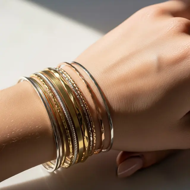 Model Gelang Stacking Mix Metal Emas dan Perak