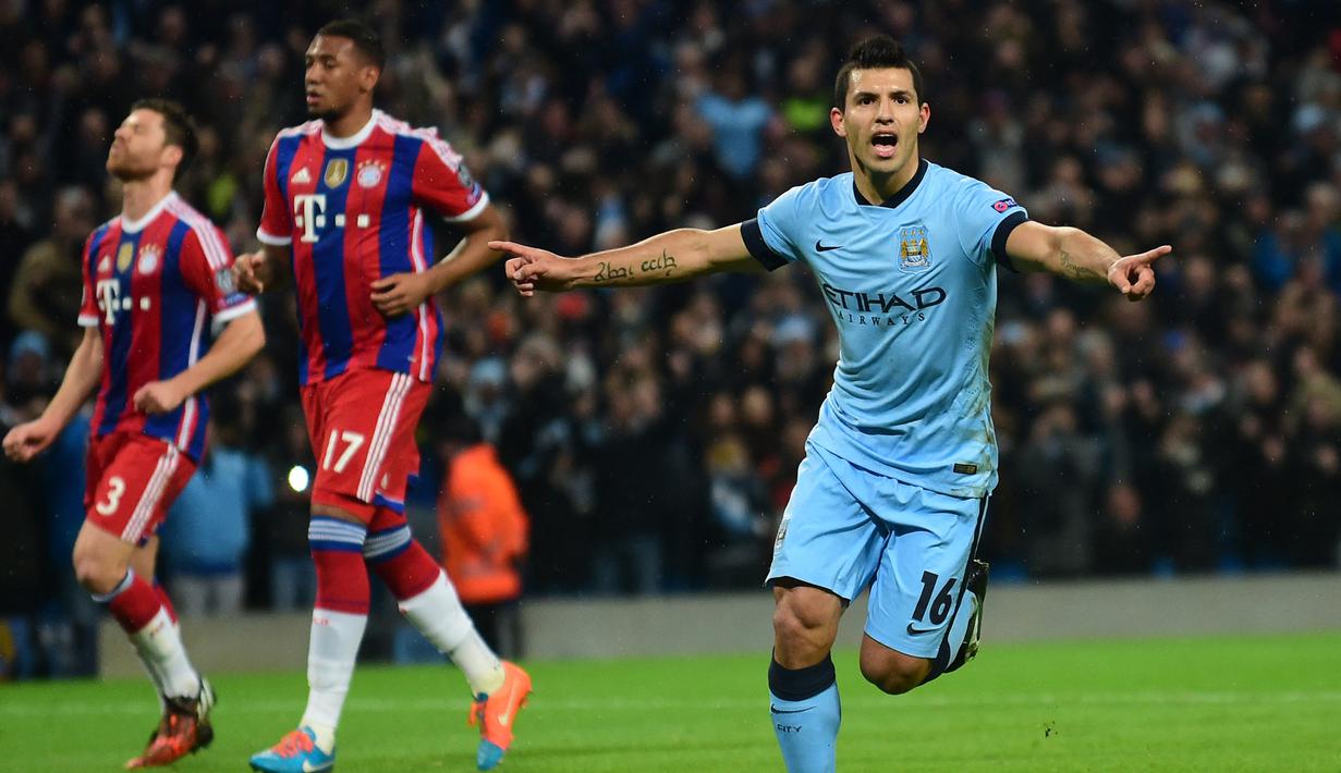 Sergio Aguero. Striker Barcelona yang baru saja pensiun ini melakukannya saat masih berseragam Manchester City dalam matchday ke-5 Grup E Liga Champions 2014/2015 menghadapi Bayern Munchen, 25 November 2014. Hattricknya membawa Manchester City unggul 3-2 atas Bayern Munchen. (AFP/Paul Ellis)