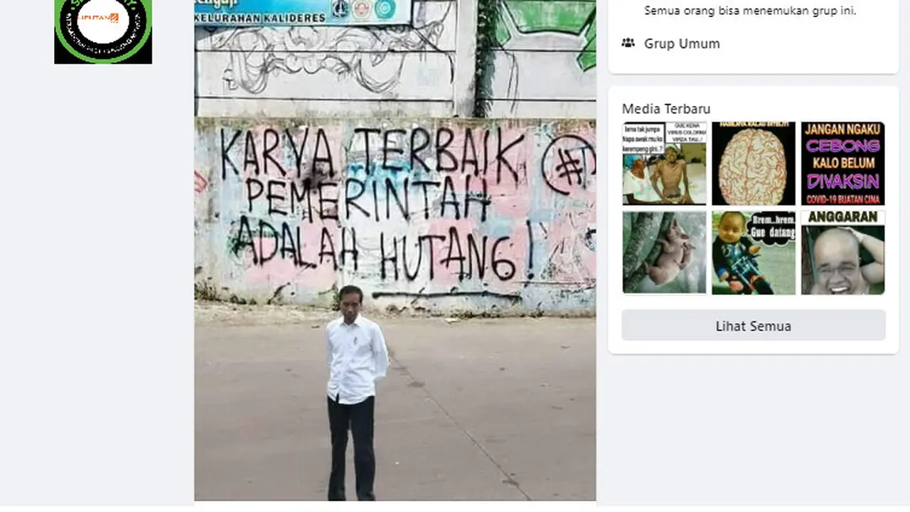 penelusuran  klaim foto Presiden Jokowi berfoto di depan tembok bertuliskan karya terbaik pemerintah adalah utang
