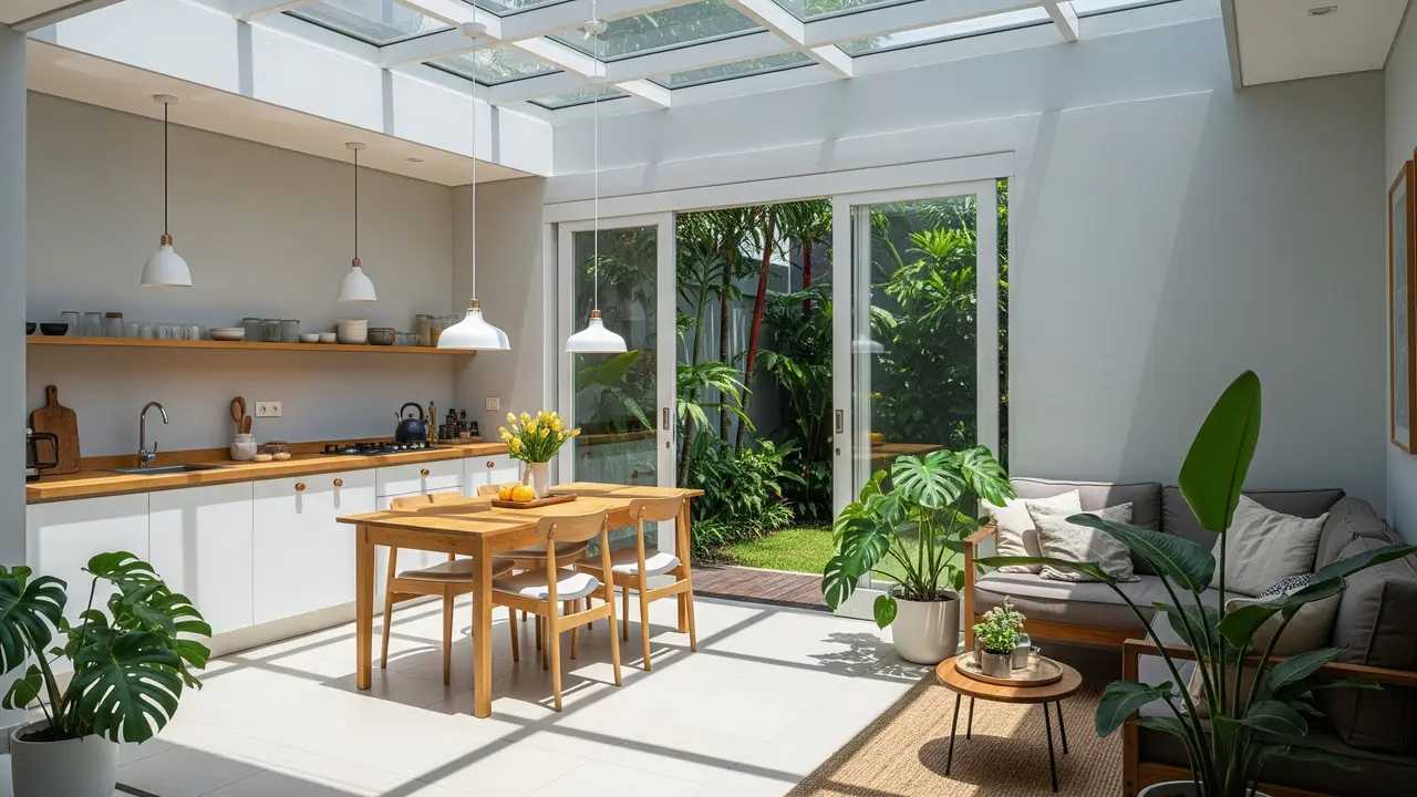 Desain Dapur dan Ruang Tamu Menyatu Bergaya Skandinavia Cerah