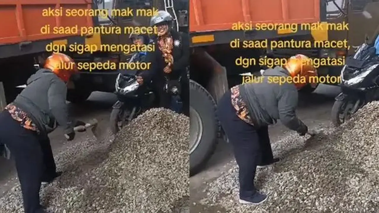 Urai Kemacetan, Ibu-Ibu Ini Sigap Memindahkan Material Bangunan