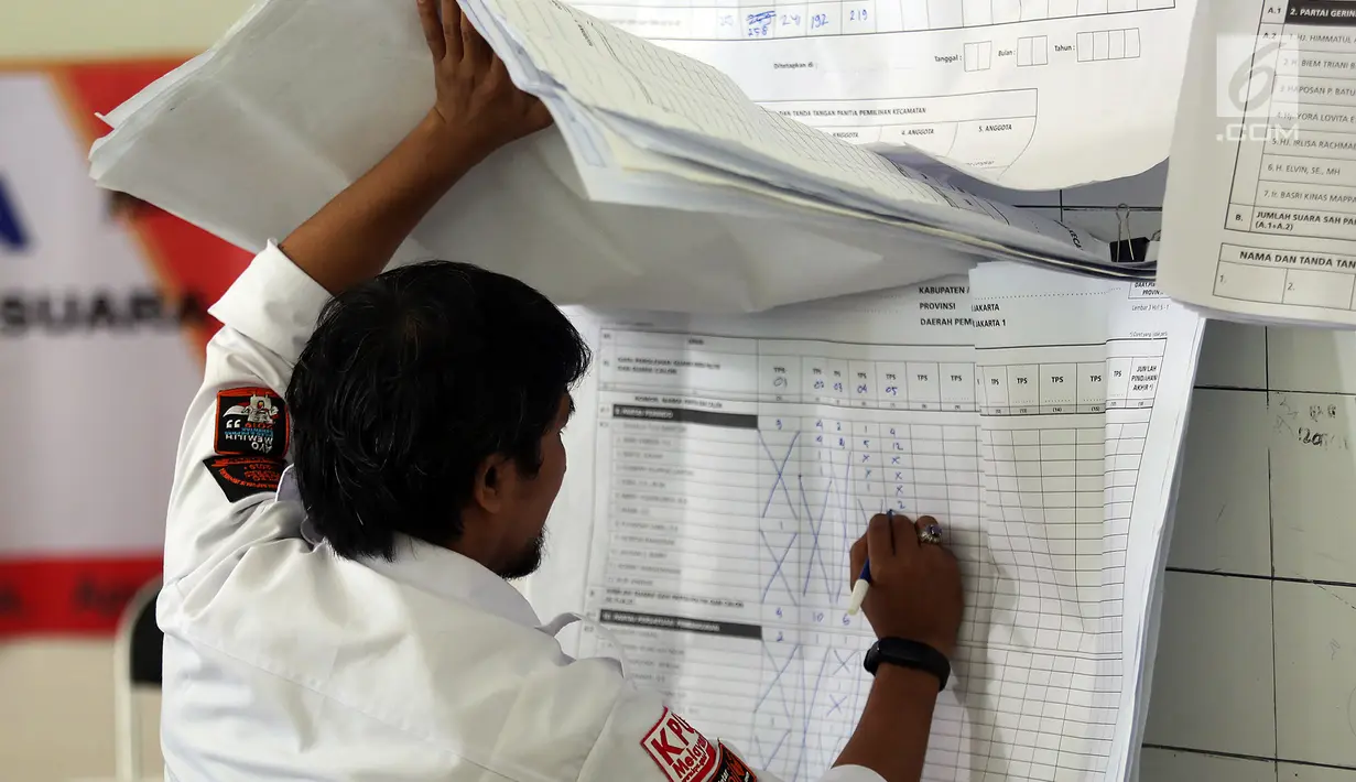 Petugas melakukan perhitungan rekapitulasi surat suara di Kecamatan Menteng, Jakarta, Kamis (25/4). Hingga hari ini proses rekapitulasi suara di kecamatan Menteng telah merampungkan 55 persen dari total 246 di Kecamatan Menteng. (Liputan6.com/Johan Tallo)