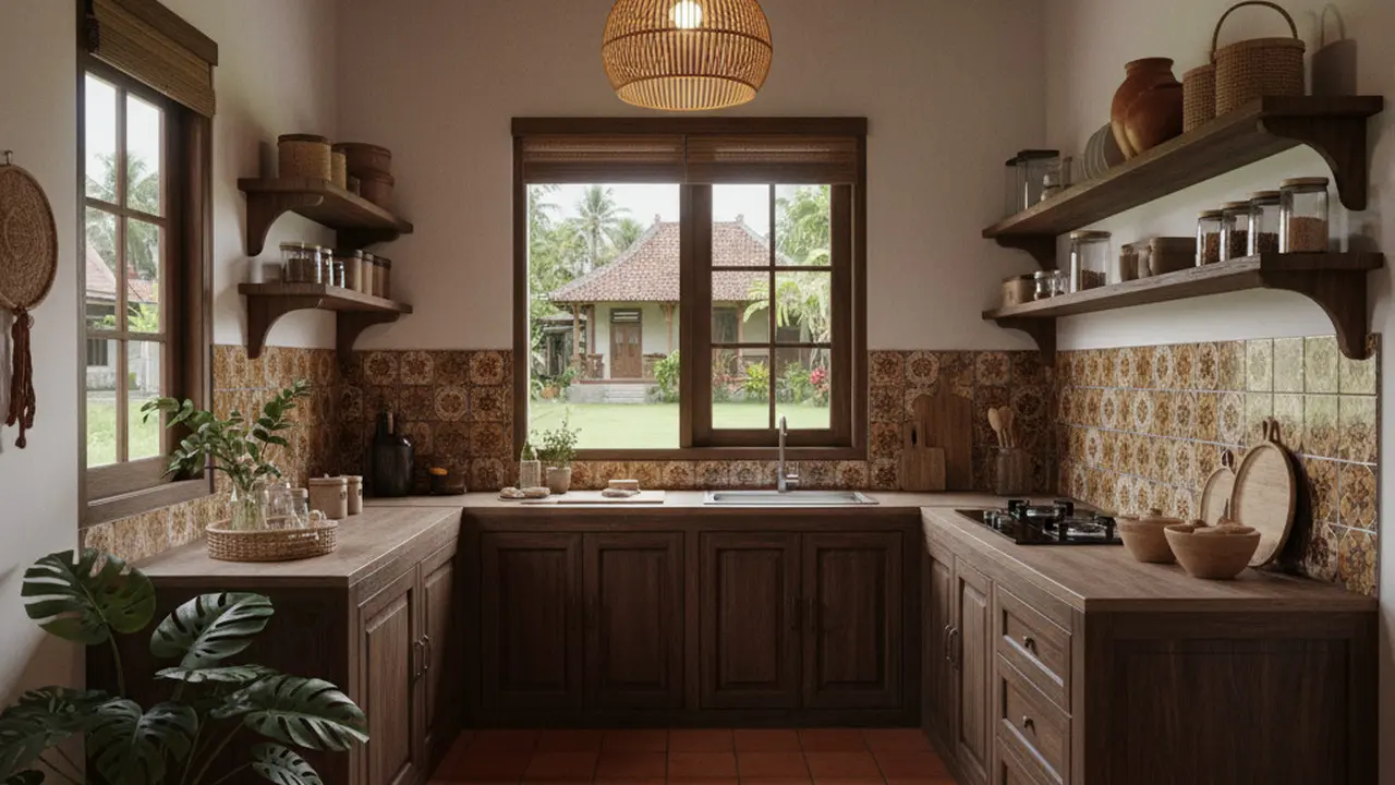 Desain Dapur Kecil Ala Tropis dengan Nuansa Kayu untuk Rumah Desa yang Hangat