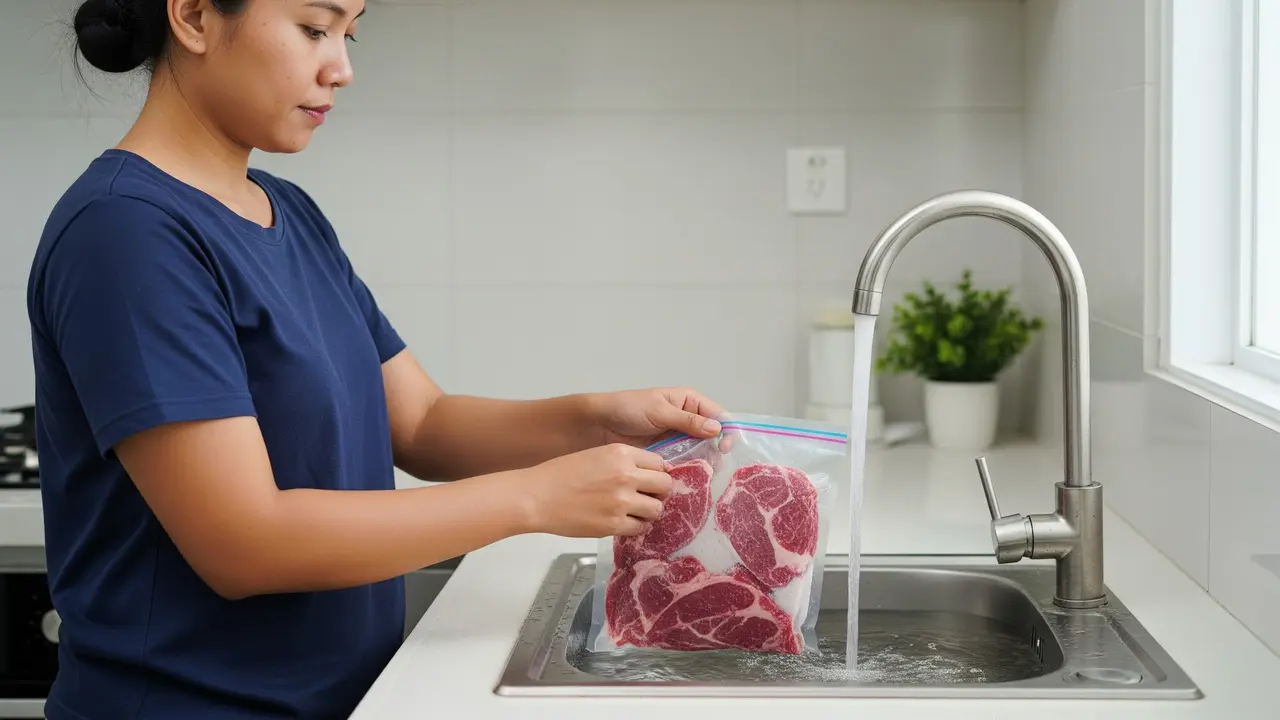 Merendam daging dalam bungkusan kedap air di bawah air dingin (Gemini AI)