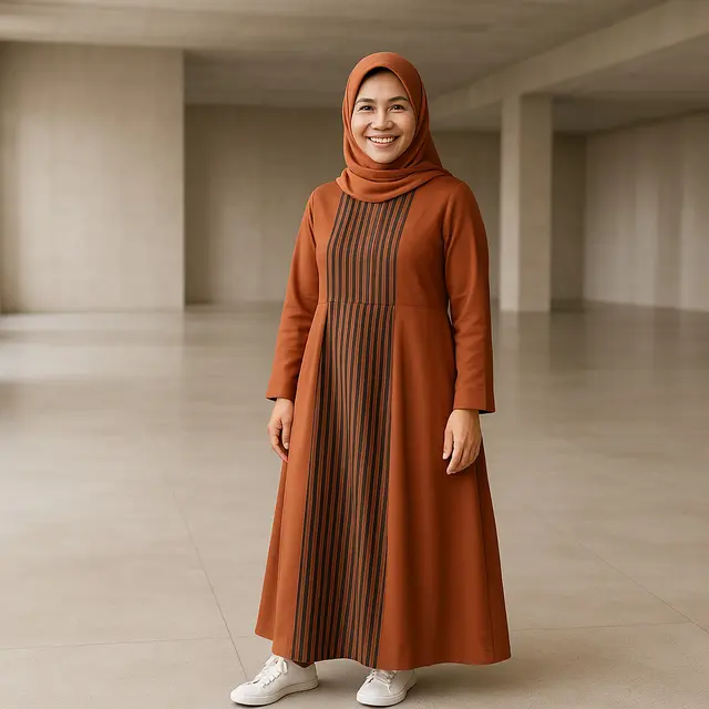 Model Gamis Lurik Kombinasi Polos Terbaru untuk Ibu-Ibu Usia 40 Tahun/via ChatGPT
