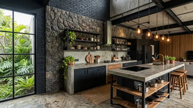 Desain Dapur dan Area Cuci dengan Material Batu Alam