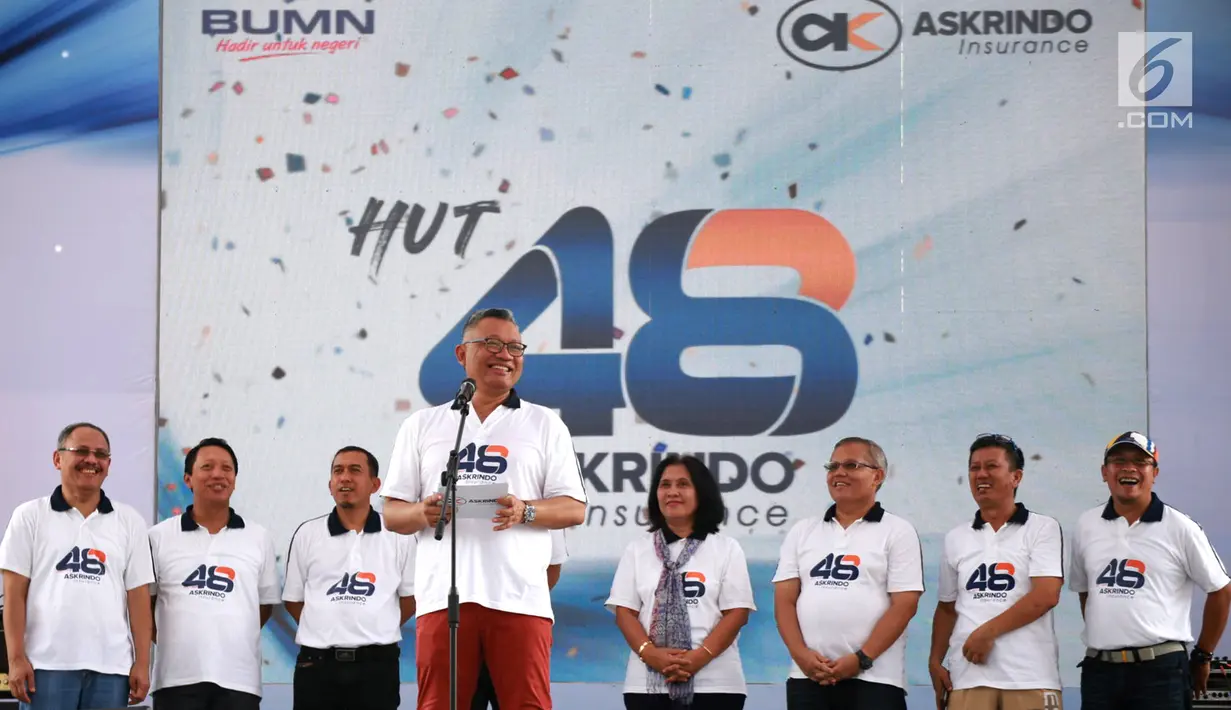 Dirut PT Askrindo, Andrianto Wahyu memberikan sambutan pada acara HUT ke-48 Askrindo di Ancol Fantastique, Jakarta, Sabtu (6/4). Kegiatan mengusung tema "Satu Langkah Satu Tujuan Kita Tingkatkan Daya Saing Perusahaan” dihadiri ratusan karyawan beserta keluarga. (Liputan6.com/HO/Iqbal)