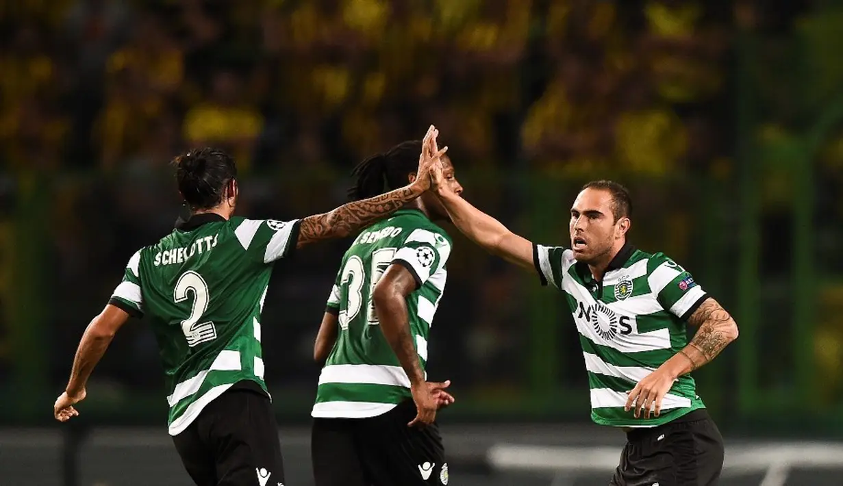 Ekspresi pemain Sporting CP, Bruno Cesar, setelah mencetak gol balasan ke gawang Borussia Dortmund dalam laga Grup F Liga Champions di Stadion Jose Alvalade, Lisbon, Rabu (19/10/2016) dini hari WIB. (AFP/Patricia De Melo Moreira)
