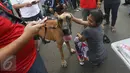 Seorang wanita mengelus kepala anjing jenis Great Dane disela kegiatan Car Free Day di Jakarta, Minggu (18/12). Anjing itu menarik perhatian warga karena ukurannya yang lebih besar dibanding anjing pada umumnya. (Liputan6.com/Immanuel Antonius)