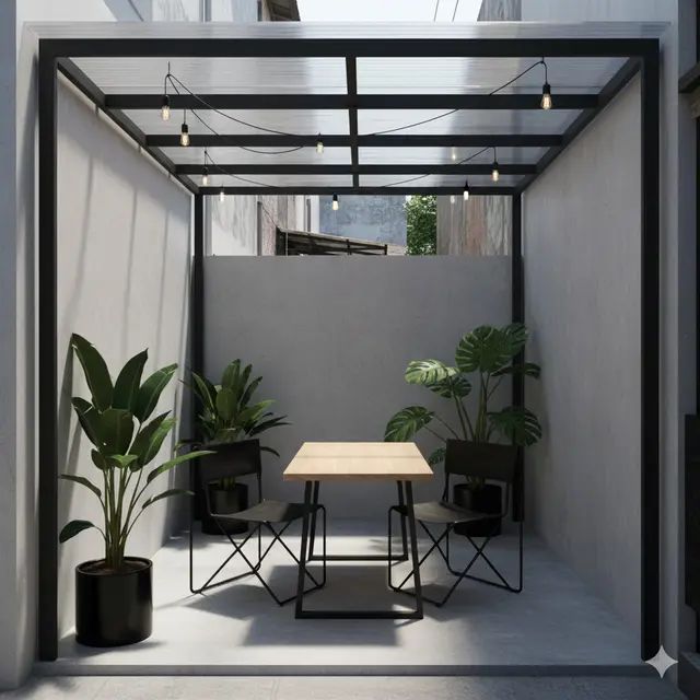 Teras Rumah di Gang Sempit dengan Konsep Tropical-Industrial Terbaru 2025. Gemini