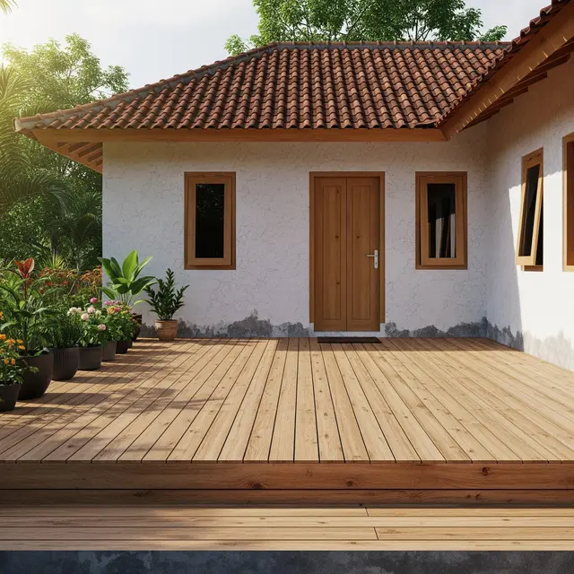 Perpaduan Lantai Teras Motif Kayu dengan Rumah Desa Sederhana