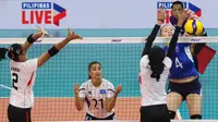 Pemain Timnas voli putri Kazakhstan, Zhanna Syroeshkina melepaskan spike yang berusaha diblok pemain Indonesia, Bela Sabrina pada laga Grup B AVC Challenge Cup 2024 di Rizal Memorial Coliseum, Manila, Filipina, Sabtu (25/5/2024). Kazakhstan menang 3-0 (25-17, 25-13, 25-22). (Asian Volleyball Confederation)