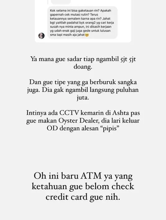 <p>Awkarin sama sekali tak pernah berprasangka buruk dengan asistennya. Kejadian ini terbongkar ketika Awkarin melihat CCTV jika asistennya pergi ke mesin ATM tak sepengetahuannya. [Foto: instagram.com/narinkovilda]</p>