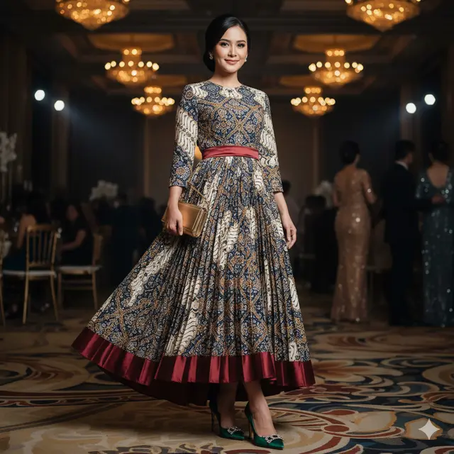 Model Long Dress Batik Kombinasi Satin yang Lagi Tren