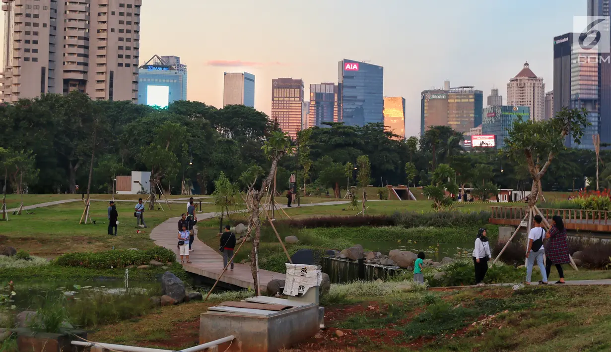 Suasana Hutan Kota di kawasan Gelora Bung Karno, Jakarta, Minggu (6/1). Warga Jakarta kini memiliki alternatif wisata untuk menghabiskan akhir pekan. (Liputan6.com/JohanTallo)
