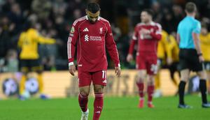 Mohamed Salah dari Liverpool bereaksi selama pertandingan Liga Inggris antara Wolverhampton Wanderers dan Liverpool di Wolverhampton, Inggris, Rabu (4-3-2026) dini hari WIB. (AP Photo/Dave Shopland)