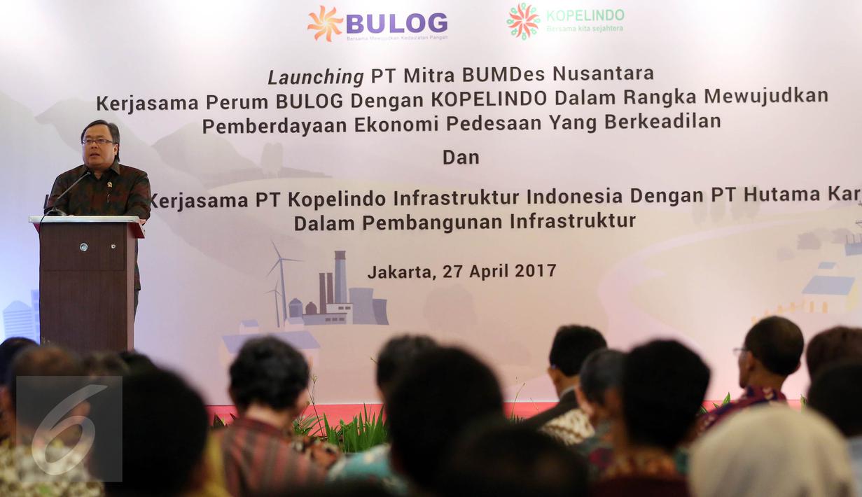 Menteri PPN/Bappenas Bambang Brodjonegoro memberikan sambutan saat menghadiri penandatanganan Nota Kesepahaman dengan berbagai mitra strategis di Jakarta, Kamis (27/4). (Liputan6.com/Johan Tallo)