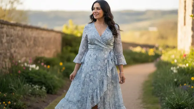 Wanita dengan dress detail lembut (Ruffles & Wrap Dress)