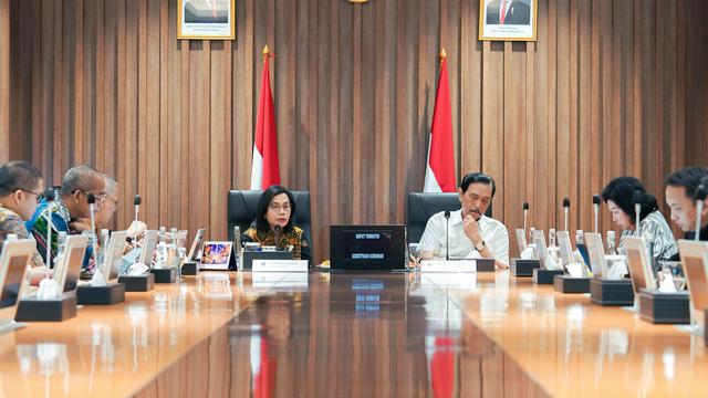 Ketua DEN, Luhut Binsar Pandjaitan bertemu Menkeu Sri Mulyani di Kantor DJP, Selasa, 14 Januari 2025. (Foto: Liputan6.com/Maulandy R)