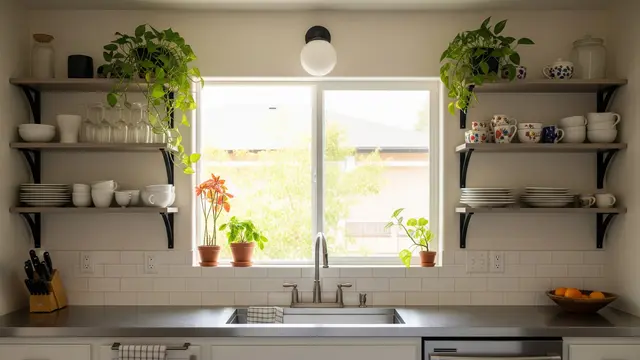 6. Dapur Estetik dengan Pemanfaatan Open Shelf di Atas Jendela