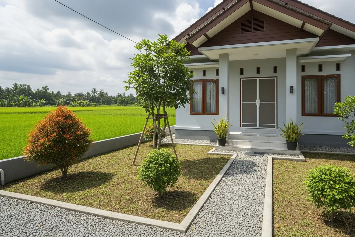 Model Rumah Tropis di Dekat Sawah yang Anti Ular Weling/ Ilustrasi AI