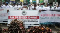 Kelapa sawit terlihat saat massa yang tergabung dalam Asosiasi Petani Kelapa Sawit Indonesia (Apkasindo) berunjuk rasa di kawasan Patung Kuda, Jakarta, Selasa (17/5/2022). Apkasindo meminta Presiden Joko Widodo atau Jokowi meninjau ulang kebijakan larangan ekspor sawit dan produk MGS serta bahan bakunya karena dampaknya langsung ke harga TBS sawit. (Liputan6.com/Faizal Fanani)