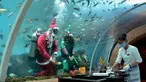 Penyelam yang mengenakan pakaian Sinterklas dan peri menyaksikan seorang pelayan menata meja dari akuarium di Koral Restaurant, Sawangan, Nusa Dua, Bali, Kamis (23/12/2021). Koral Restaurant dikenal sebagai restoran akuarium pertama di Pulau Dewata. (SONY TUMBELAKA/AFP)