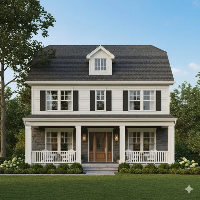 Rumah Modern Farmhouse Klasik Minimalis 2 Lantai dengan Atap Limas