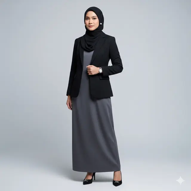 Inspirasi Long Dress Muslim Polos Kombinasi Blazer Formal. (via Gemini)