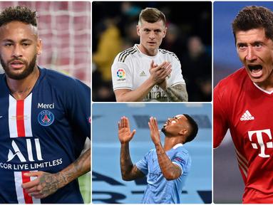Robert Lewandowski jadi salah satu pemain terbaik di kompetisi Liga Champions musim ini. Performa apik penyerang asal Polandia ini membawa Bayern Munchen sukses meraih gelar juara Liga Champions 2019/2020. Berikut 7 pemain terbaik Liga Champions 2019/2020. (kolase foto AFP)