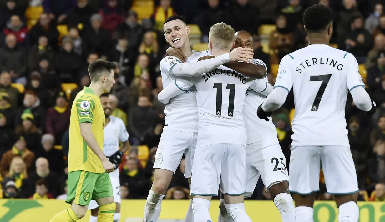 Hasil ini membuat City makin kukuh di puncak klasemen Premier League dengan mengoleksi 61 poin dari 25 laga. Sementara, Norwich berada di posisi ke-18 dengan 17 poin. (AP/Rui Vieira)