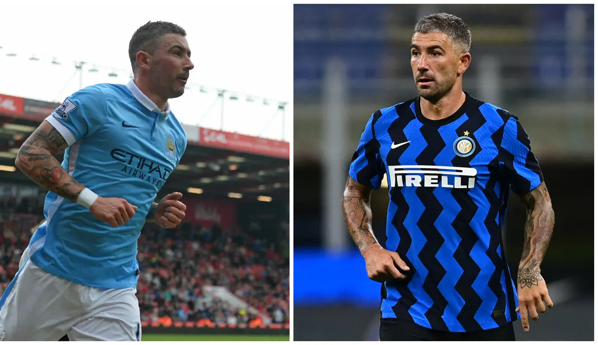 Foto kolase saat Aleksandar Kolarov (kiri) membela Manchester City dalam pertandingan Liga Inggris pada 2 April 2016 dan Kolarov (kanan) saat membela Inter Milan dalam pertandingan Liga Italia pada 26 September 2020. (AFP/Glyn Kirk, Miguel Medina)