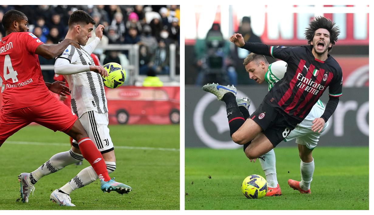 Nasib sial dialami dua raksasa Serie A Liga Italia, AC Milan dan Juventus di pekan Ke-20 2022/2023 yang berlangsung hari Minggu (29/1/2023). (Foto: AFP/Isabella Bonotto, AP Photo/Antonio Calanni)