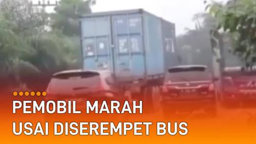 VIDEO: Nekat Nyalip di Tikungan, Pemobil Marah Usai Diserempet Bus