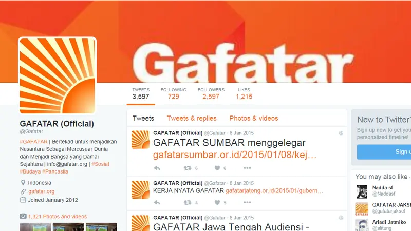 Memiliki 2597 Followers Beginilah Aktivitas Gafatar di Twitter 