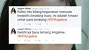 Di akun Twitternya @Anggun_Cipta, ia kekesalannya. "Kalau kita bilang keganasan manusia melebihi binatang buas, ini adalah hinaan untuk para binatang. #RIPAngeline," tulisnya. (twitter.com/Anggun_Cipta)