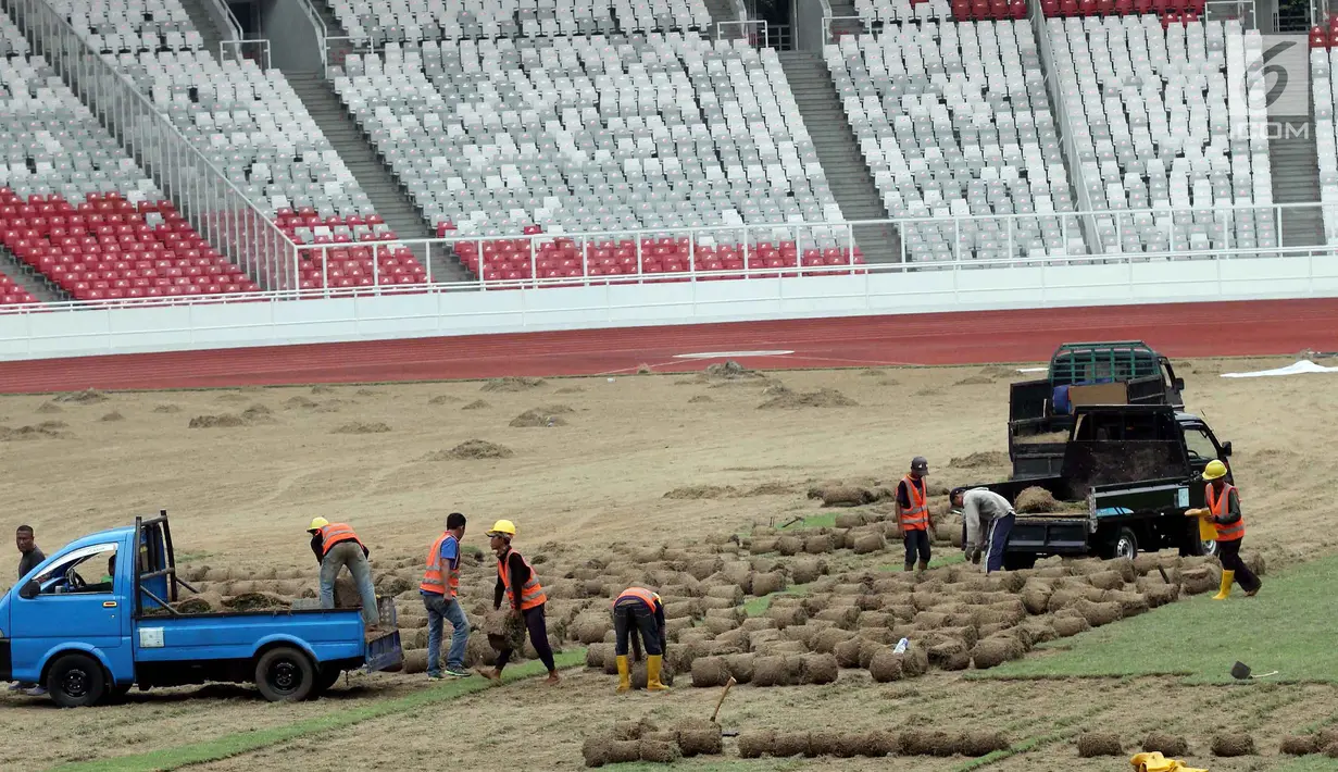 Pekerja memindahkan rumput di Stadion Utama Gelora Bung Karno (SUGBK), Jakarta, Jumat (18/5). Panitia Pelaksana Asian Games 2018 (INASGOC) memindahkan rumput SUGBK ke area panahan hingga selesai upacara pembukaan Asian Games. (Liputan6.com/Johan Tallo)
