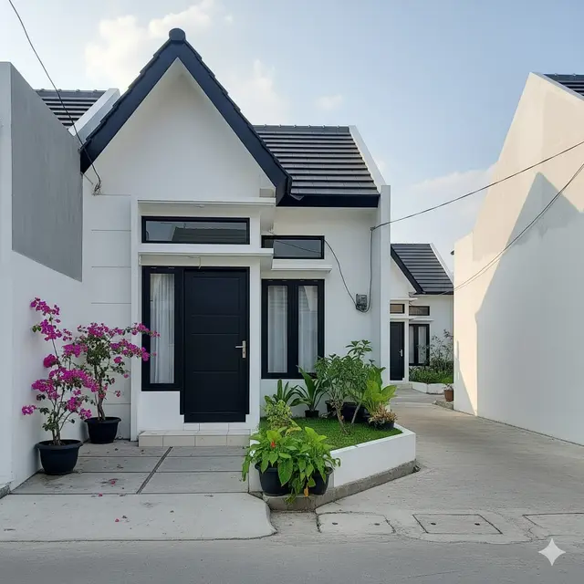Model Rumah Tipe 45 Murah dengan Atap Pelana di Gang Perumahan Sempit. Gemini