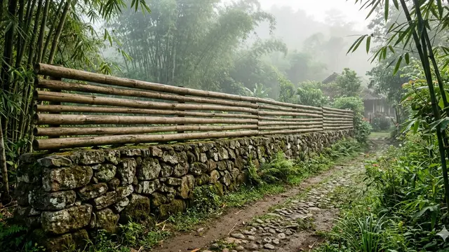 Model Pagar Rumah Rustic dari Bambu dan Batu Alam